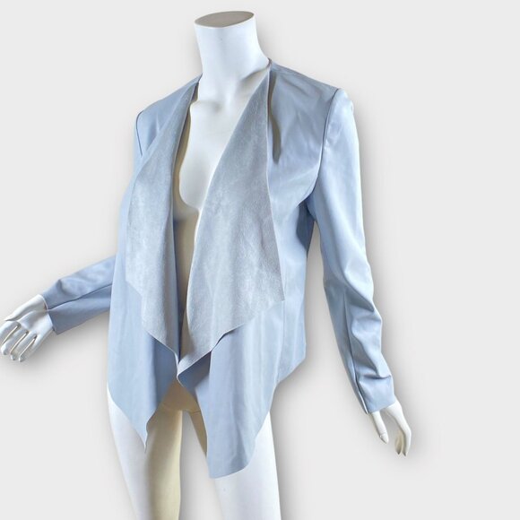 NWT BAGATELLE Light Blue Gray Faux Leather Draped Open Front Jacket, size Small - Picture 2 of 9